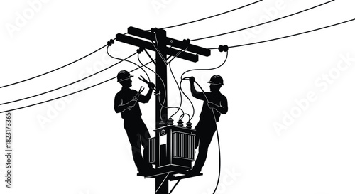 Silhouette utility workers performing maintenance on power pole with transformer and electrical wires, vector illustration for stock content in energy infrastructure and teamwork safety