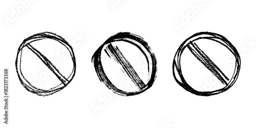 Set of hand drawn prohibition sign No entry symbol Black circle with cross line clipart in doodle style Ban Restriction Forbidden stop Single element for print, web, design