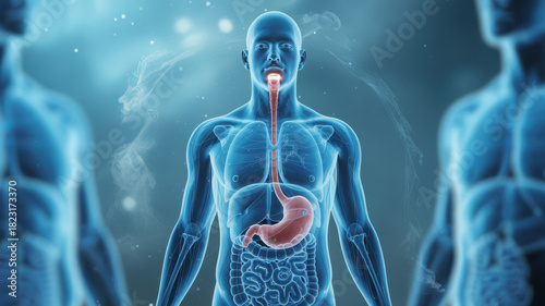 Human digestive system illustration showing the esophagus and stomach for medical or educational use