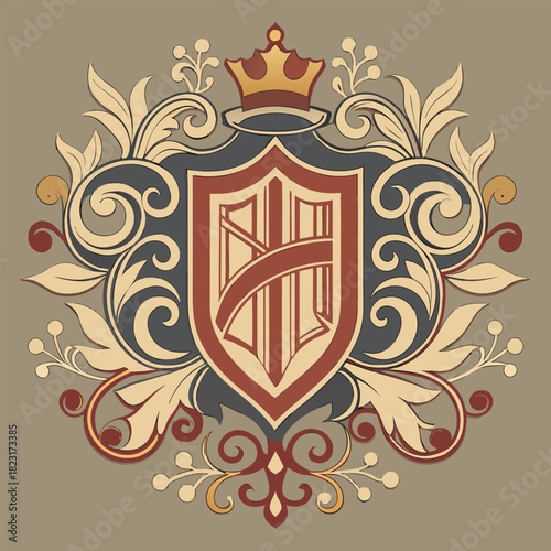 Decorative heraldic shield with crown and swirling foliage in muted colors crest coat of arms