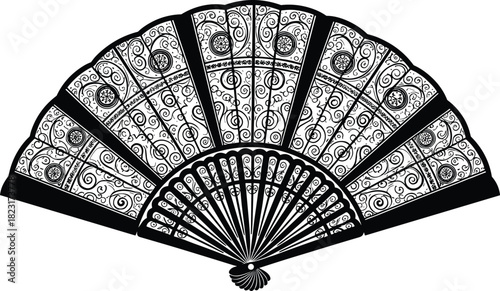 PrintBlack and white ornamental Spanish hand fan vector illustration, intricate scrollwork geometric pattern, vintage decorative accessory, elegant antique lace design element.