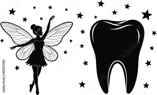 PrintBlack Silhouette of a Dancing Tooth Fairy with Detailed Wings, Next to a Large Tooth, Surrounded by Stars, Magical Dental Care and Oral Hygiene Concept, Vector Illustration.
