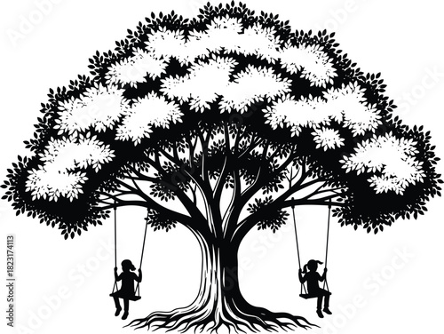Black silhouette of a large oak tree with two children sitting on swings, vector illustration isolated on white background for family concept