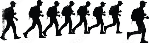 Walking motion silhouette sequence, person with cap and backpack, black on white, dynamic gait cycle, animation reference icon