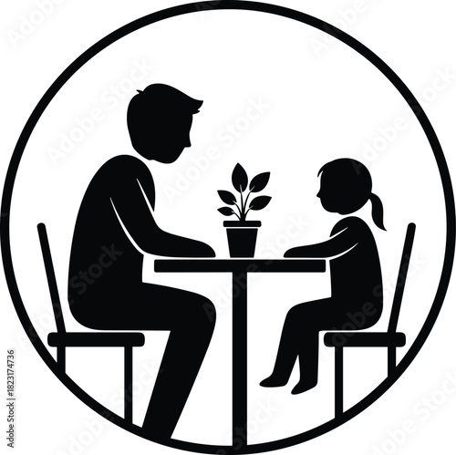 Adult and child silhouette at round table, seated interaction, potted plant, black on white, parenting and mentorship icon