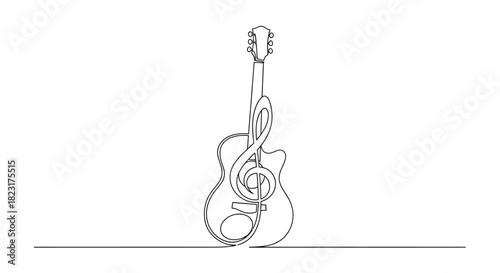 Acoustic guitar line art with treble clef for music lovers and design projects