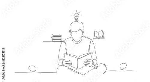 Student reading book and creating new ideas with continuous line drawing style