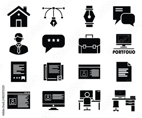 Portfolio and freelance graphic design icon set. Pen tool, computer workspace, user profile, business briefcase, and resume vector symbols.