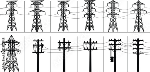 Silhouette transmission towers and utility poles with electrical components, diverse energy infrastructure designs, vector illustration for stock content in electricity distribution and engineering