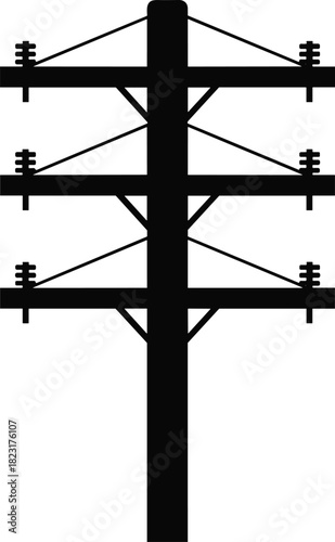 Silhouette utility pole with three crossarms, diagonal braces and insulators, simplified vector illustration for stock content in electricity distribution and telecommunications infrastructure