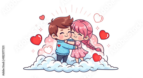 Delightful cartoon couple embracing surrounded by hearts and dreamy clouds celebrating love and affection for Valentine's Day and romantic stories