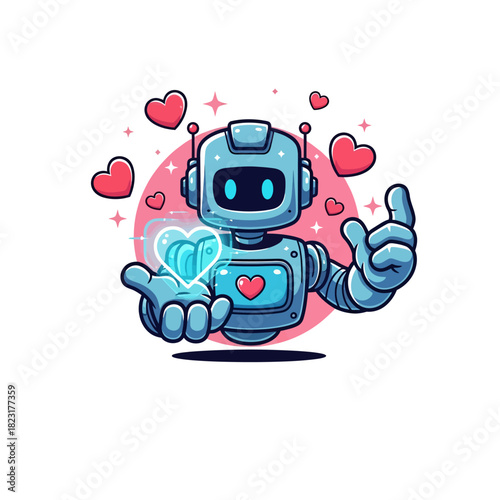 Adorable robot offers a glowing heart, spreading love and joy with futuristic charm, perfect for Valentine's Day or heartwarming tech designs