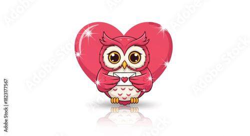 Adorable owl delivering a love letter with a shiny heart background - perfect for Valentine's Day cards and romantic projects needing a cute touch