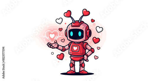 Lovely robot spreading love with heart shaped antenna and pulsating heart hologram ready for Valentine's Day marketing campaigns and tech promotions