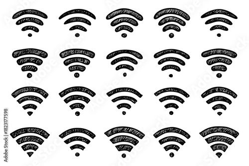 Set of hand drawn free wifi spot zone sign Public wi-fi area sign Wireless internet clipart in doodle style Single element for print, web, design, decor 3G, 4G, 5G, 6G, IoT