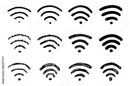 Set of hand drawn free wifi spot zone sign Public wi-fi area sign Wireless internet clipart in doodle style Single element for print, web, design, decor 3G, 4G, 5G, 6G, IoT