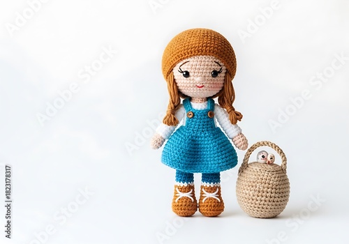 A charming handmade amigurumi doll of a girl with orange hair, a blue dress, and a small woven basket on a white background.