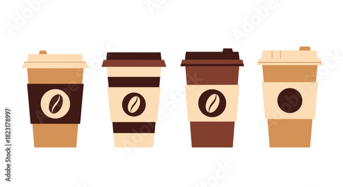 Set of four different disposable paper coffee cups with lids and sleeves for takeaway hot drinks, isolated on white background.