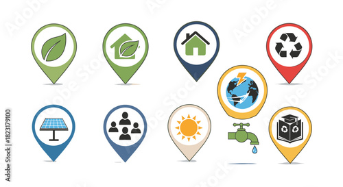 Set of colorful map pin icons with various symbols for ecology, sustainability, and renewable energy on a white background.