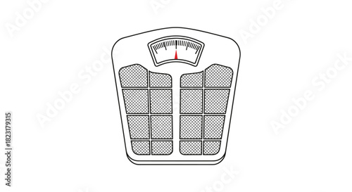 Simple black and white line drawing illustration of a classic analog bathroom scale for measuring weight and body mass.