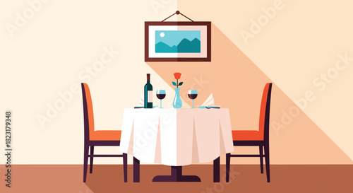 Romantic dinner for two with a bottle of red wine and a single rose set on a table with a white tablecloth in a cozy room.