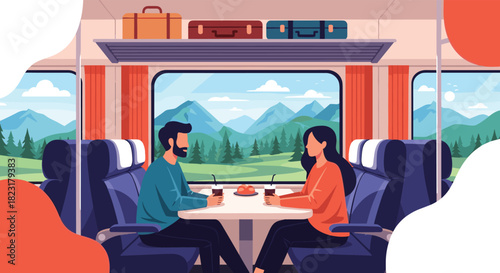 Young couple enjoying a scenic train journey together, sitting at a table with drinks while viewing the beautiful mountain landscape.