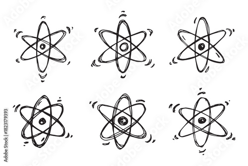 Set of hand drawn atom sign Molecule clipart in doodle style Symbol of science, education, nuclear energy, scientific research, molecular chemistry Single element for print, web, design