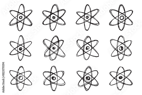 Set of hand drawn atom sign Molecule clipart in doodle style Symbol of science, education, nuclear energy, scientific research, molecular chemistry Single element for print, web, design