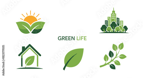 Collection of green life and eco-friendly concept icons including a green city, eco house, sun, and leaves for sustainability.