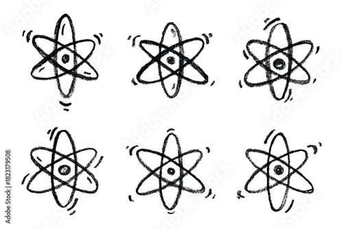 Set of hand drawn atom sign Molecule clipart in doodle style Symbol of science, education, nuclear energy, scientific research, molecular chemistry Single element for print, web, design