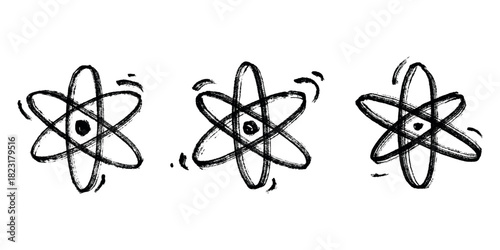 Set of hand drawn atom sign Molecule clipart in doodle style Symbol of science, education, nuclear energy, scientific research, molecular chemistry Single element for print, web, design
