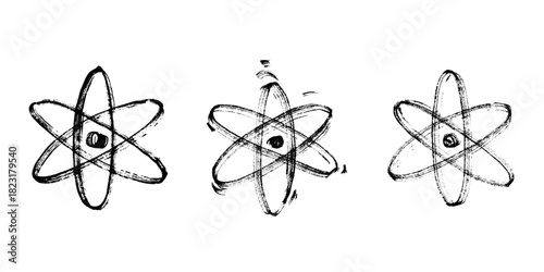 Set of hand drawn atom sign Molecule clipart in doodle style Symbol of science, education, nuclear energy, scientific research, molecular chemistry Single element for print, web, design