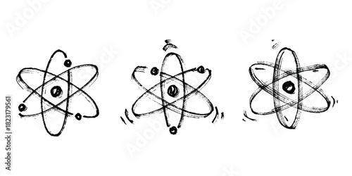 Set of hand drawn atom sign Molecule clipart in doodle style Symbol of science, education, nuclear energy, scientific research, molecular chemistry Single element for print, web, design