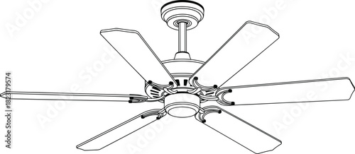 PrintOutline vector illustration of a six-blade ceiling fan, modern home ventilation device, air circulation appliance drawing, detailed line art isolated on white background.