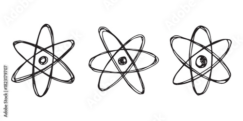 Set of hand drawn atom sign Molecule clipart in doodle style Symbol of science, education, nuclear energy, scientific research, molecular chemistry Single element for print, web, design