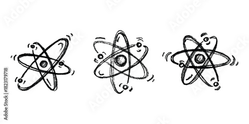 Set of hand drawn atom sign Molecule clipart in doodle style Symbol of science, education, nuclear energy, scientific research, molecular chemistry Single element for print, web, design
