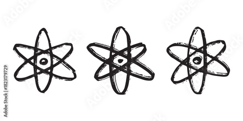 Set of hand drawn atom sign Molecule clipart in doodle style Symbol of science, education, nuclear energy, scientific research, molecular chemistry Single element for print, web, design