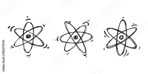 Set of hand drawn atom sign Molecule clipart in doodle style Symbol of science, education, nuclear energy, scientific research, molecular chemistry Single element for print, web, design