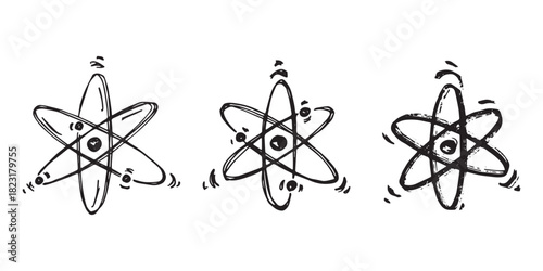 Set of hand drawn atom sign Molecule clipart in doodle style Symbol of science, education, nuclear energy, scientific research, molecular chemistry Single element for print, web, design
