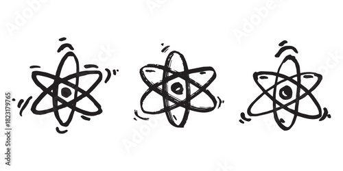 Set of hand drawn atom sign Molecule clipart in doodle style Symbol of science, education, nuclear energy, scientific research, molecular chemistry Single element for print, web, design