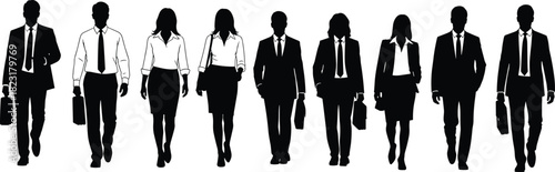 Set of business people silhouettes walking forward, men and women in suits with briefcases vector illustration isolated on white background for corporate design