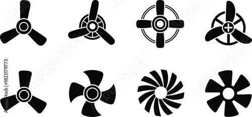 PrintSet of eight black vector fan blade and propeller icons, cooling and ventilation symbols, various air circulation shapes, modern machinery engine elements isolated on white.