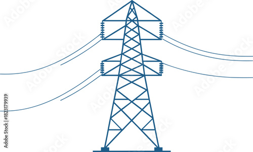 Silhouette high‑voltage transmission tower with lattice framework, insulators and multiple power lines, vector illustration for stock content in electricity distribution infrastructure