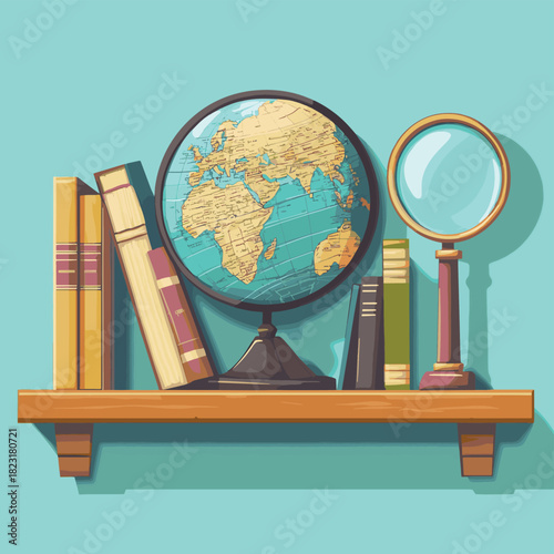 Back to School - globe on a bookshelf next to a stack of geography textbooks and a magnifying glass  , vector style simple color