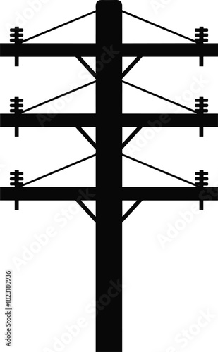 Silhouette utility pole with three crossarms, diagonal braces and insulators, simplified vector illustration for stock content in electricity distribution and telecommunications infrastructure