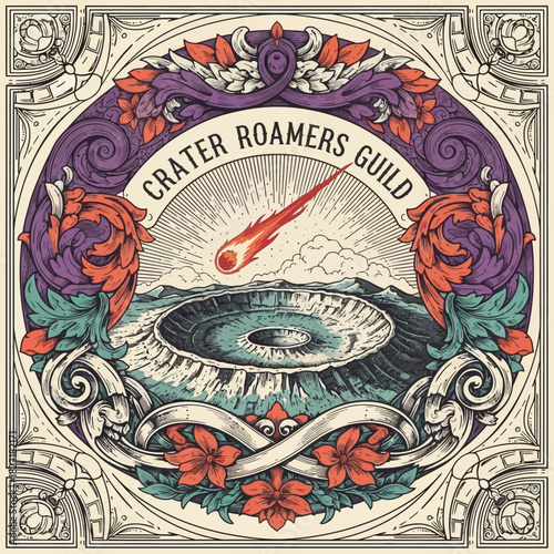 Crater Roamers Guild Album Art with Meteor and Floral Frame.