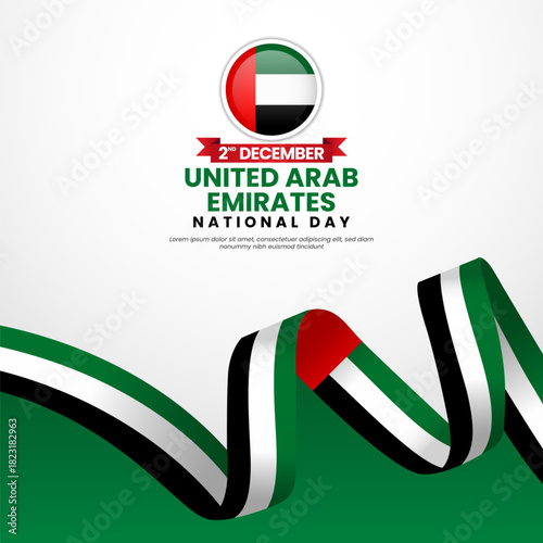 Uni arab emirates national day greeting card, square banner background with warving ribbon flag