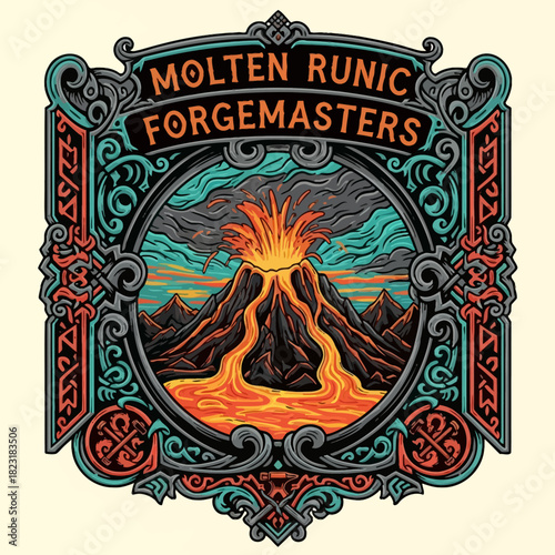 Molten Runic Forgemasters artwork depicting a volcanic eruption with lava flow.