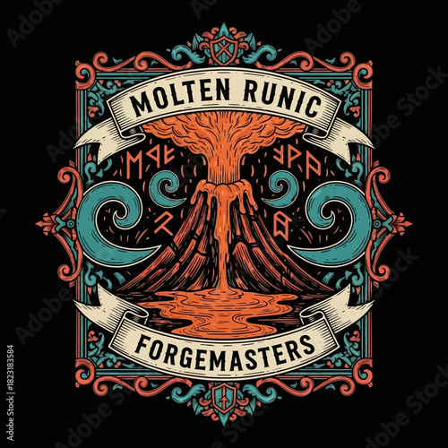 Molten Runic Forgemasters Emblem with Volcanic Eruption and Ornate Frame.