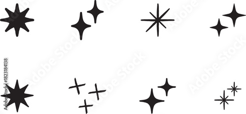 Black Sparkle and Star Icons Set Hand Drawn Doodle Style Vector Elements